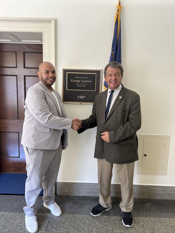 Ruben Bastell, a senior medical lab technician at Westchester Medical Center, following his meeting with Rep. George Latimer earlier this month. Photo courtesy of AFSCME, the national union affiliated with CSEA.