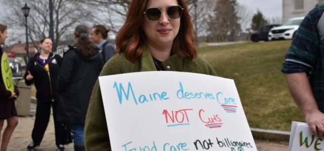 Mainers to Collins: Prioritize our health, renew ACA tax credits A woman holds a sign at a protest reading "Maine deserves care not cuts. Fund care. Not billionaires."