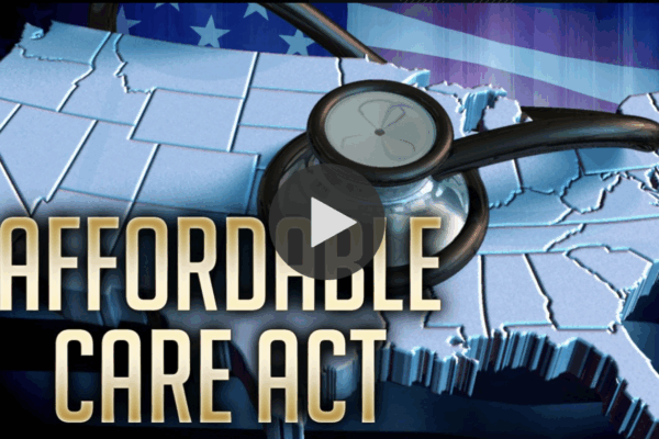 "Affordable Care Act" text over a map of the U.S., with a magnifying glass resting on top.