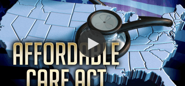 "Affordable Care Act" text over a map of the U.S., with a magnifying glass resting on top.