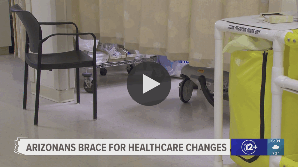 An image from inside a hospital with a banner at the bottom reading "Arizonans brace for healthcare changes"