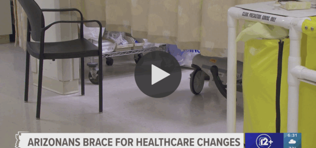 An image from inside a hospital with a banner at the bottom reading "Arizonans brace for healthcare changes"