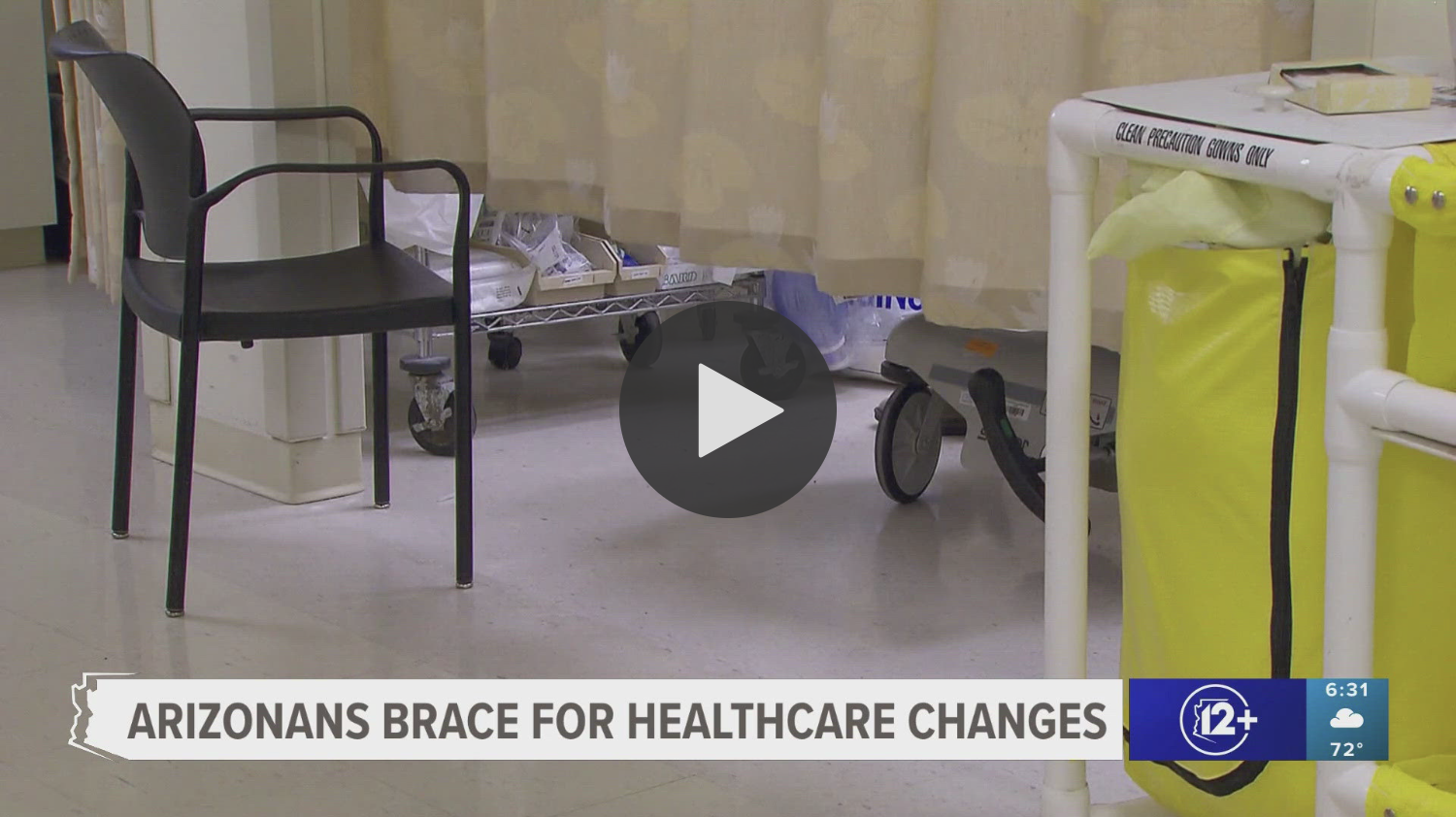 An image from inside a hospital with a banner at the bottom reading "Arizonans brace for healthcare changes"
