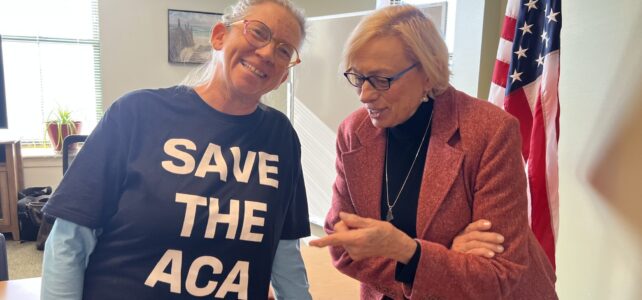 Kennebunk resident Rachel Phipps, here pictured with Gov. Janet Mills, is forgoing health insurance due to spiking costs. (Photo by Eesha Pendharkar/ Maine Morning Star)